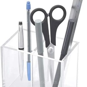Acrylic Pen Holder with 2 Compartments - Clear, Black, White - Desk Accessory Organizer
