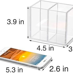 Acrylic Pen Holder with 2 Compartments - Clear, Black, White - Desk Accessory Organizer