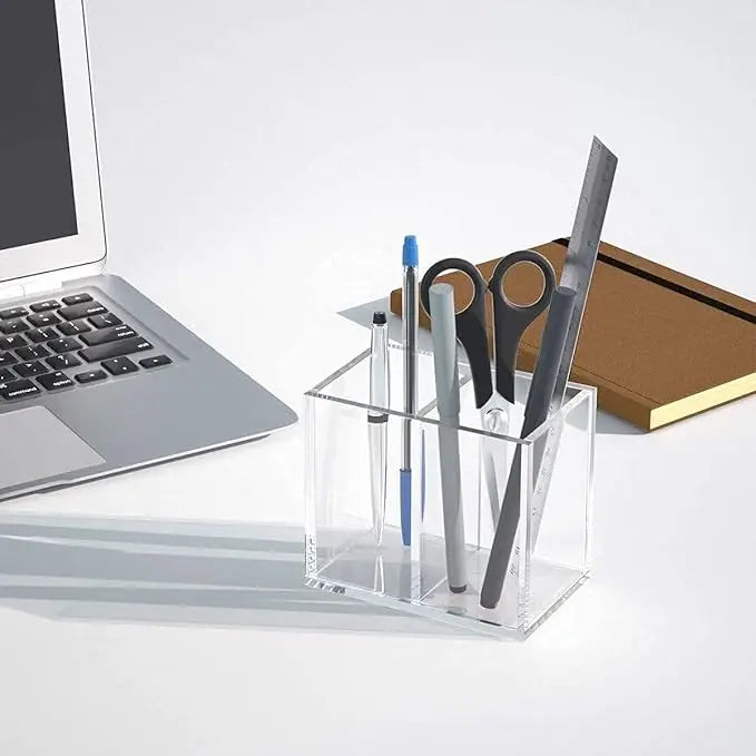 Acrylic Pen Holder with 2 Compartments - Clear, Black, White - Desk Accessory Organizer