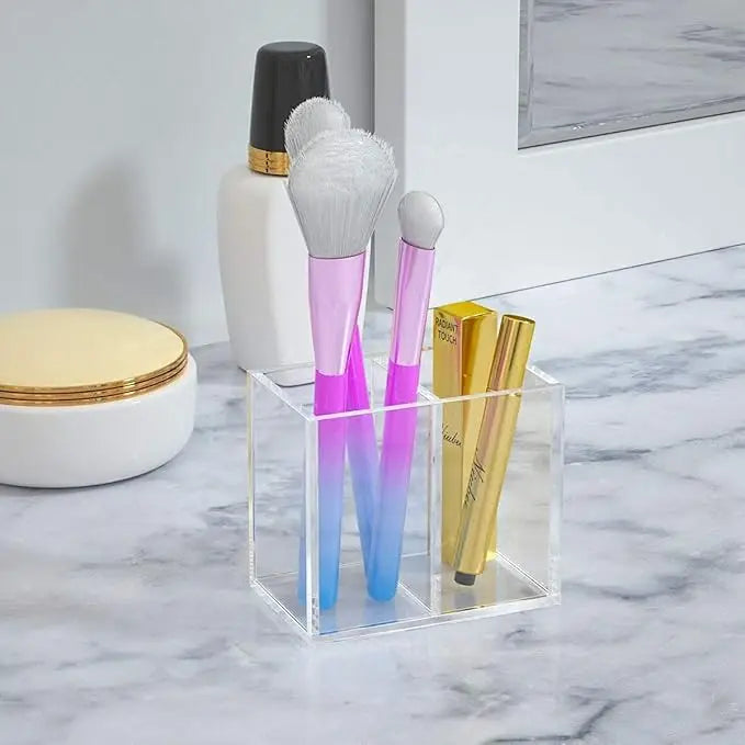 Acrylic Pen Holder with 2 Compartments - Clear, Black, White - Desk Accessory Organizer