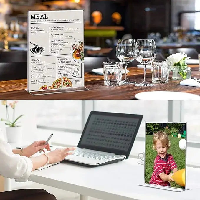 Clear Acrylic Double-Sided T-Shape Table Sign Holder | Vertical Menu Display Stand for School, Office, Hotel, and Party