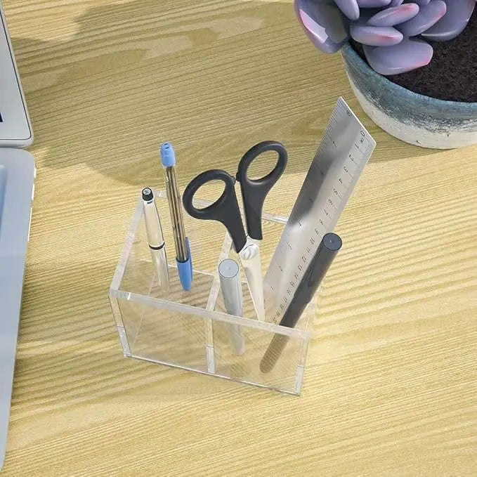 Acrylic Pen Holder with 2 Compartments - Clear, Black, White - Desk Accessory Organizer