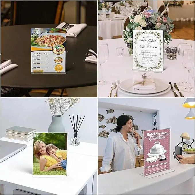 Clear Acrylic Double-Sided T-Shape Table Sign Holder | Vertical Menu Display Stand for School, Office, Hotel, and Party