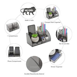 Desk Organizer, 7 Compartment Stationary Organizer- Office Table Accessories- Paper Weight/Pen Holder- Pen Stand for Office Table Stylish (Polycarbonate), Smoky Black