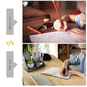 Desk Organizer, 7 Compartment Stationary Organizer- Office Table Accessories- Paper Weight/Pen Holder- Pen Stand for Office Table Stylish (Polycarbonate), Smoky Black