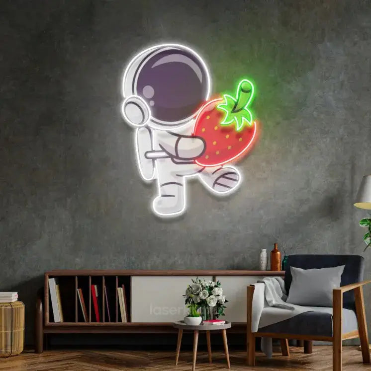 Astronaut Holding Strawberry LED Neon Acrylic Artwork – Whimsical and Bright Wall Decor