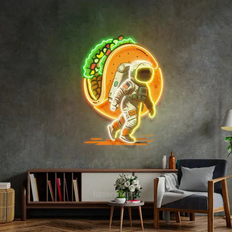 Astronaut Carrying Tacos LED Neon Acrylic Artwork – Fun and Cosmic Wall Decor