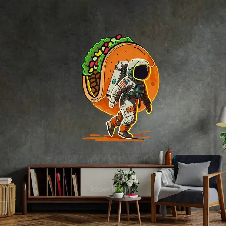 Astronaut Carrying Tacos LED Neon Acrylic Artwork – Fun and Cosmic Wall Decor