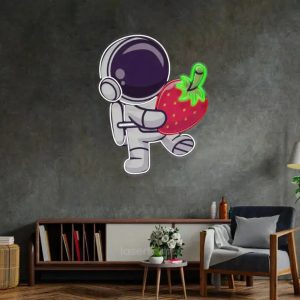 Astronaut Holding Strawberry LED Neon Acrylic Artwork – Whimsical and Bright Wall Decor