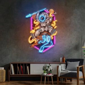 Neon Astronaut on Tiger LED Acrylic Artwork – Cosmic Adventure Wall Art