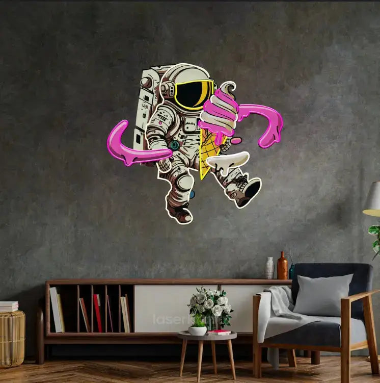 Astronaut with Ice Cream LED Neon Acrylic Artwork – Whimsical Space Wall Decor