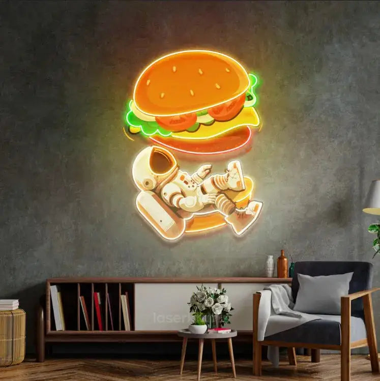 Astronaut and Burger LED Neon Acrylic Artwork – Fun and Whimsical Wall Decor