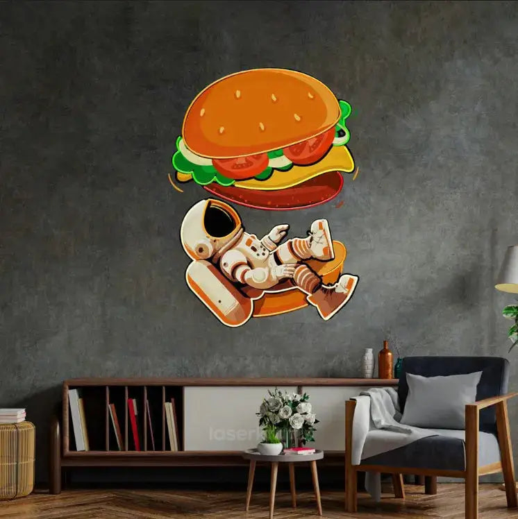 Astronaut and Burger LED Neon Acrylic Artwork – Fun and Whimsical Wall Decor