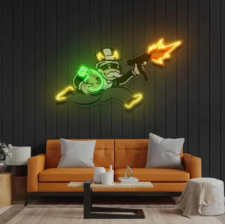 Violent Monopoly Gun LED Neon Acrylic Artwork – Bold Pop Art Wall Decor